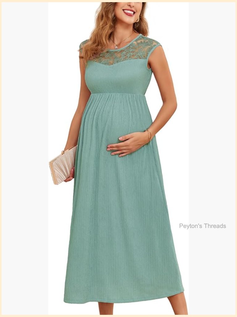 Maternity Dress With Lace Trim Sleeveless Crew Neck Midi A-Line Baby Shower